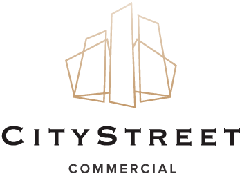 Logo of citystreet commercial featuring a stylized golden outline of three skyscrapers above the company name in black text.