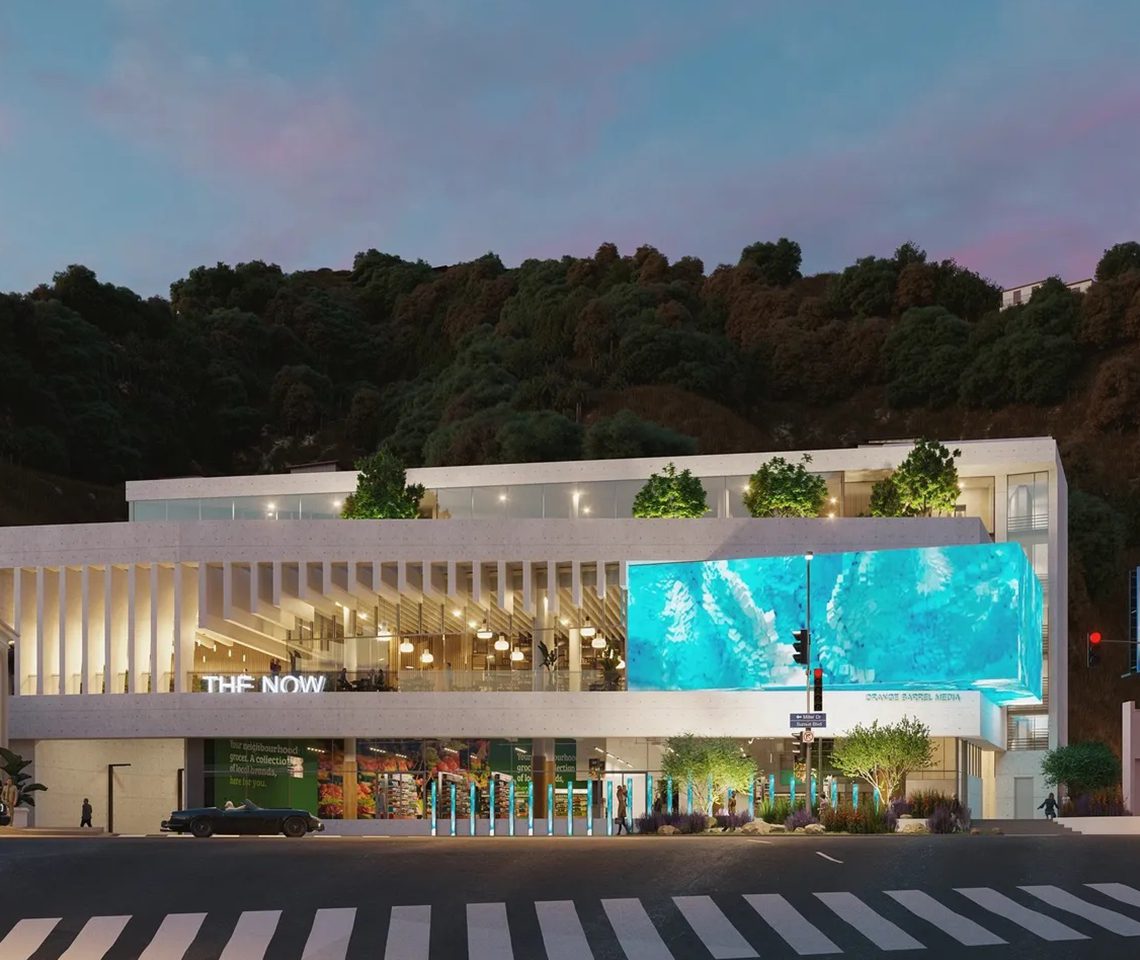 An artificial image of a building with a small garden on the top.